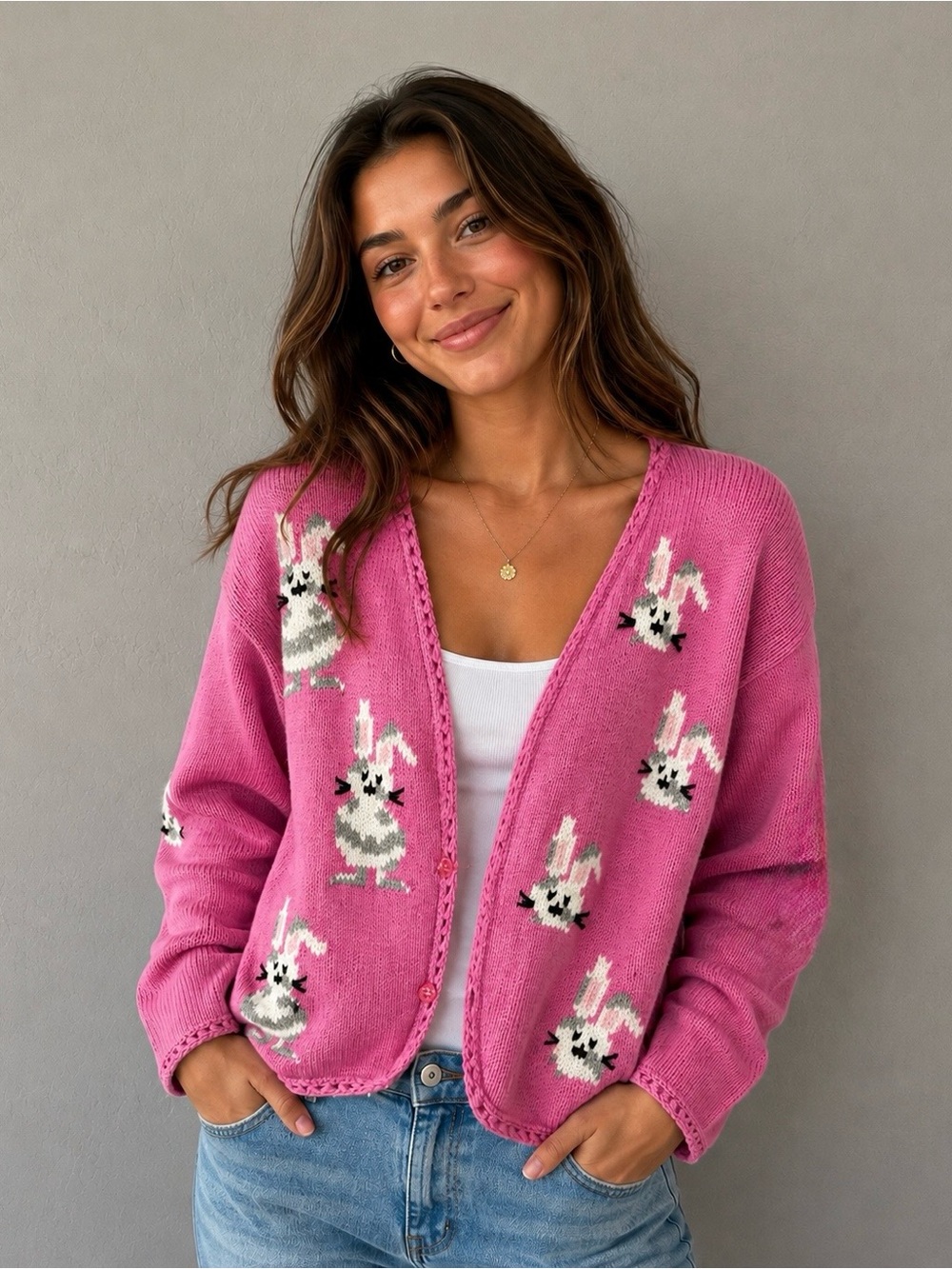 VTG Rey Wear Bunny Cardigan Hand Knit Bolivia Pink Cotton Puff Tail Sweater M/L
